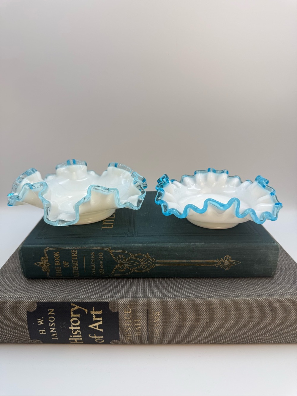 2 Vintage Fenton Light Blue Aqua Crest Glass Bon Bon Candy Dish